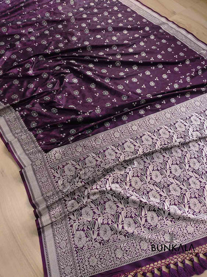 Deep Purple Soft Mashru Silk Jamewar Weaved Floral Jaal Design Banarasi Saree