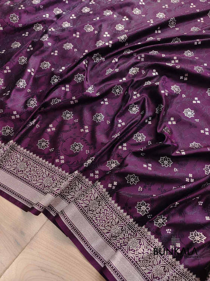 Deep Purple Soft Mashru Silk Jamewar Weaved Floral Jaal Design Banarasi Saree