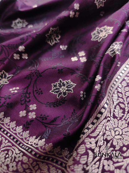 Deep Purple Soft Mashru Silk Jamewar Weaved Floral Jaal Design Banarasi Saree