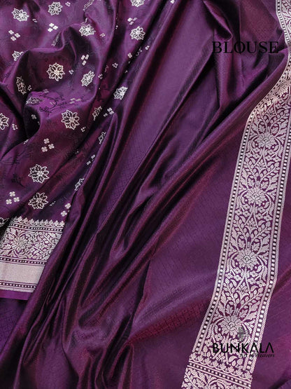 Deep Purple Soft Mashru Silk Jamewar Weaved Floral Jaal Design Banarasi Saree