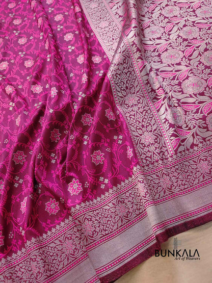 Magenta Pink Soft Mashru Silk Jamewar Weaved Floral Jaal Design Banarasi Saree