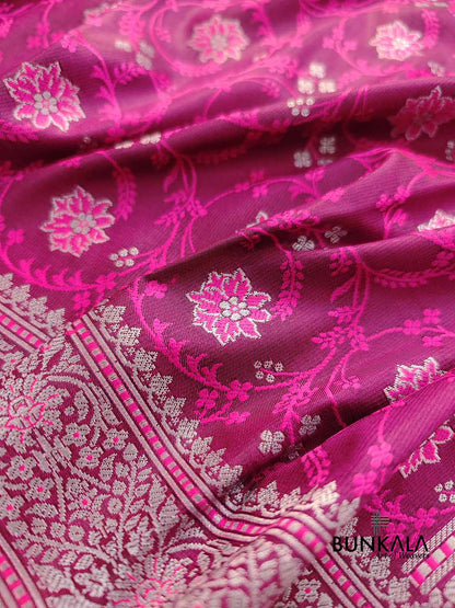 Magenta Pink Soft Mashru Silk Jamewar Weaved Floral Jaal Design Banarasi Saree