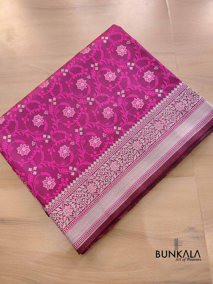 Magenta Pink Soft Mashru Silk Jamewar Weaved Floral Jaal Design Banarasi Saree