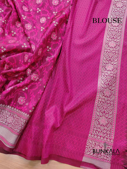 Magenta Pink Soft Mashru Silk Jamewar Weaved Floral Jaal Design Banarasi Saree