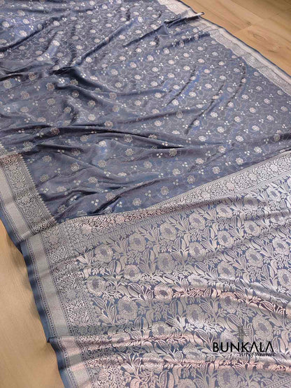 Grey Soft Mashru Silk Jamewar Weaved Floral Jaal Design Banarasi Saree