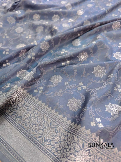 Grey Soft Mashru Silk Jamewar Weaved Floral Jaal Design Banarasi Saree