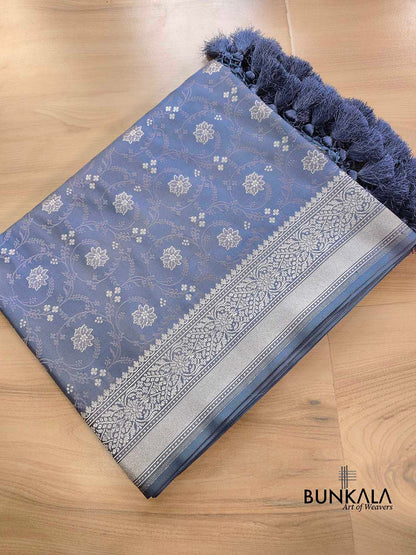 Grey Soft Mashru Silk Jamewar Weaved Floral Jaal Design Banarasi Saree