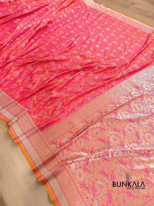 Pink and Orange Dual Shaded Soft Mashru Silk Jamewar Weaved Floral Jaal Design Banarasi Saree