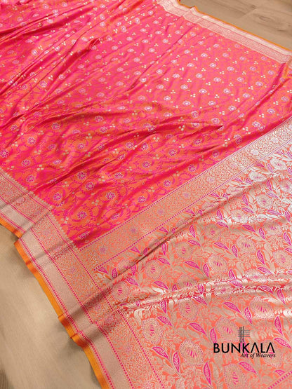 Pink and Orange Dual Shaded Soft Mashru Silk Jamewar Weaved Floral Jaal Design Banarasi Saree