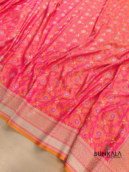 Pink and Orange Dual Shaded Soft Mashru Silk Jamewar Weaved Floral Jaal Design Banarasi Saree