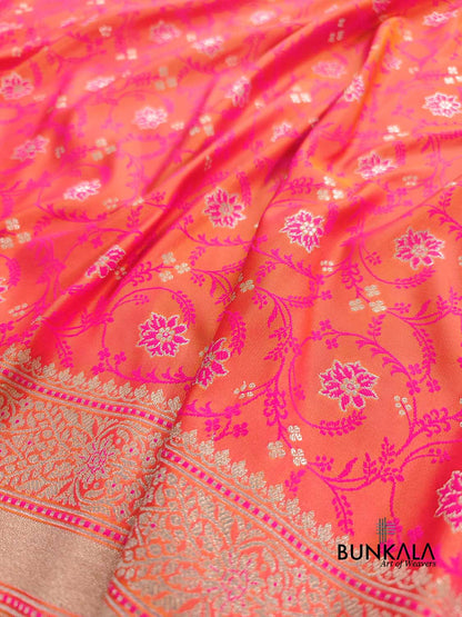 Pink and Orange Dual Shaded Soft Mashru Silk Jamewar Weaved Floral Jaal Design Banarasi Saree