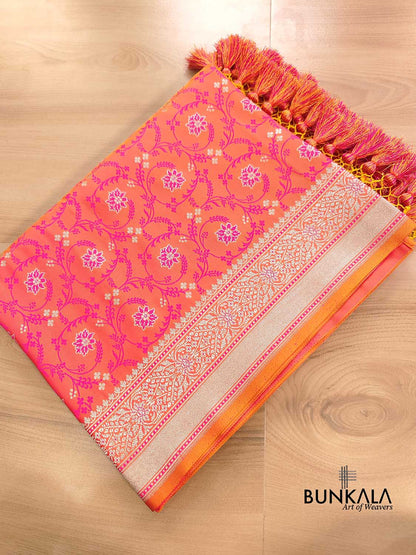 Pink and Orange Dual Shaded Soft Mashru Silk Jamewar Weaved Floral Jaal Design Banarasi Saree