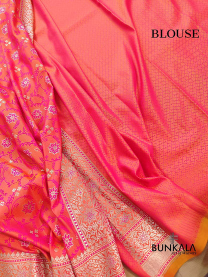 Pink and Orange Dual Shaded Soft Mashru Silk Jamewar Weaved Floral Jaal Design Banarasi Saree