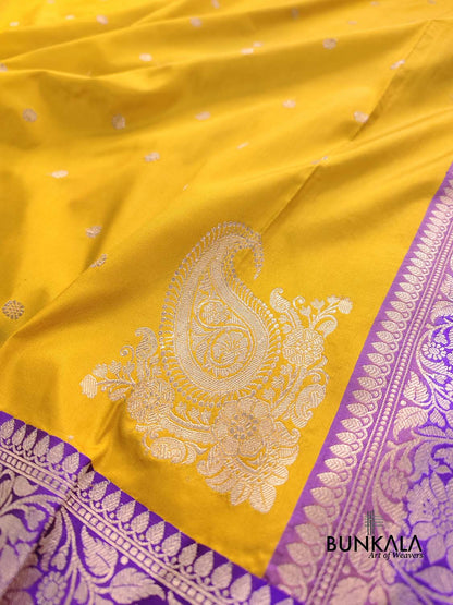 Mustard Yellow Koniya Kadwa Buti Handweaved Banarasi Pure Katan Silk Saree