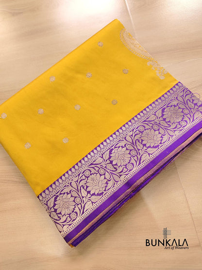 Mustard Yellow Koniya Kadwa Buti Handweaved Banarasi Pure Katan Silk Saree
