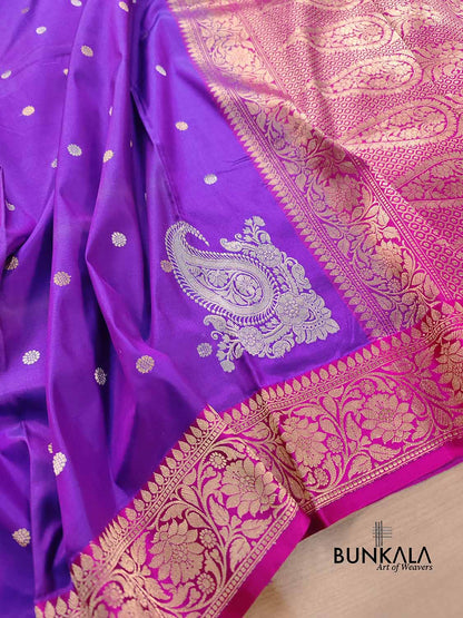 Purple Koniya Kadwa Buti Handweaved Banarasi Pure Katan Silk Saree