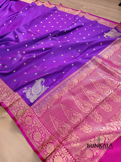 Purple Koniya Kadwa Buti Handweaved Banarasi Pure Katan Silk Saree
