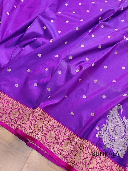 Purple Koniya Kadwa Buti Handweaved Banarasi Pure Katan Silk Saree