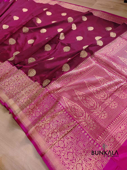 Burgundy Maroon Kadwa Buta Handweaved Banarasi Pure Katan Silk Saree