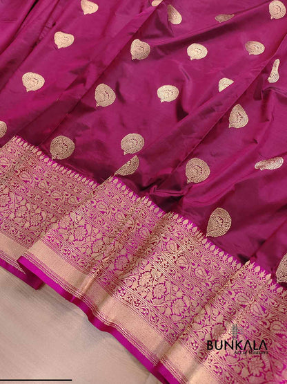 Burgundy Maroon Kadwa Buta Handweaved Banarasi Pure Katan Silk Saree