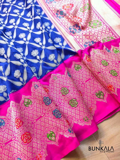 Royal Blue Pink Meenakari Big Border Tanchui Kadwa Hand Weaved Banarasi Pure Katan Silk Saree