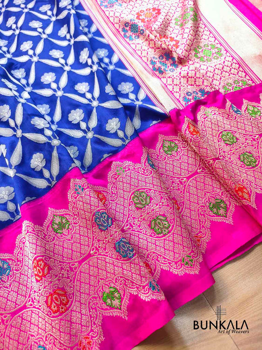 Royal Blue Pink Meenakari Big Border Tanchui Kadwa Hand Weaved Banarasi Pure Katan Silk Saree