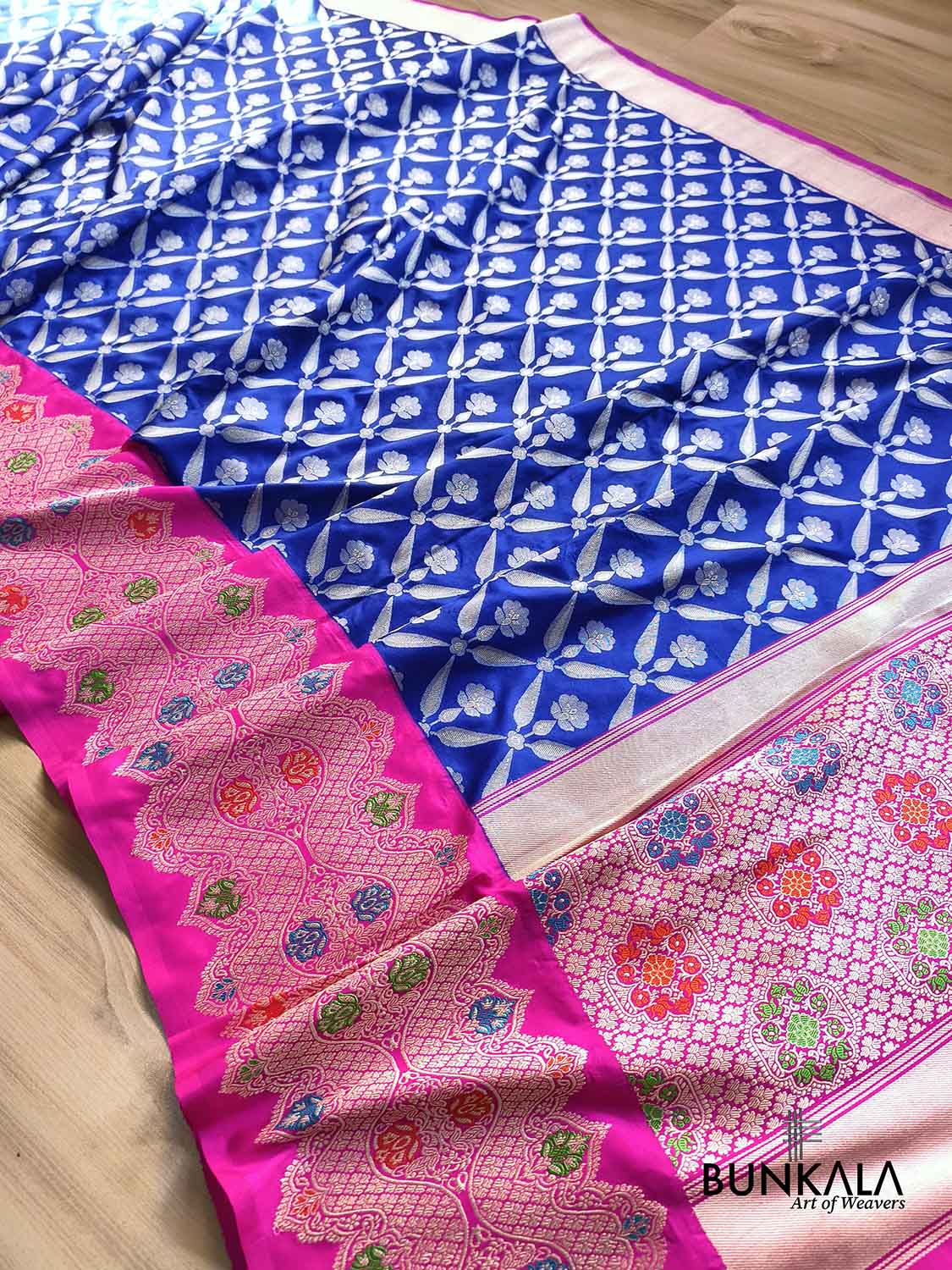 Royal Blue Pink Meenakari Big Border Tanchui Kadwa Hand Weaved Banarasi Pure Katan Silk Saree