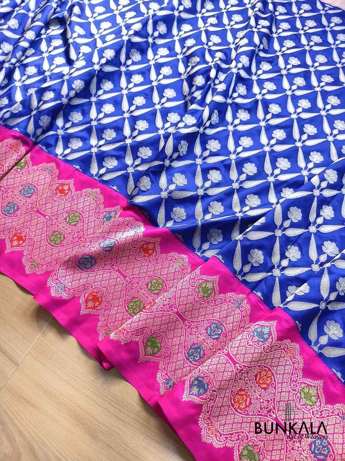 Royal Blue Pink Meenakari Big Border Tanchui Kadwa Hand Weaved Banarasi Pure Katan Silk Saree
