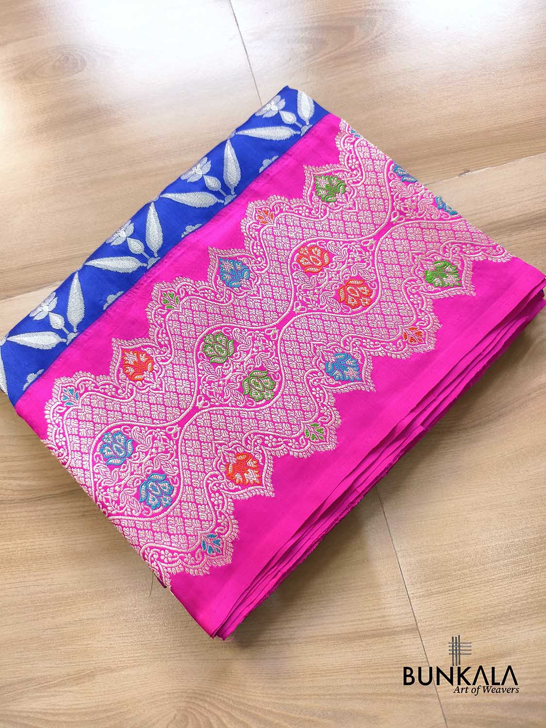 Royal Blue Pink Meenakari Big Border Tanchui Kadwa Hand Weaved Banarasi Pure Katan Silk Saree