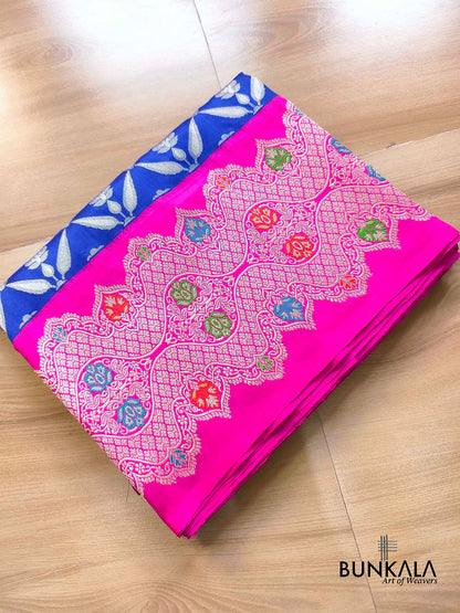 Royal Blue Pink Meenakari Big Border Tanchui Kadwa Hand Weaved Banarasi Pure Katan Silk Saree