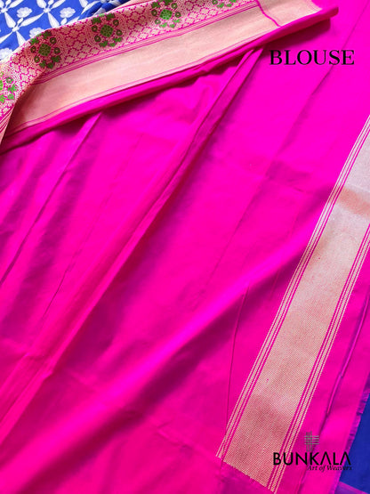 Royal Blue Pink Meenakari Big Border Tanchui Kadwa Hand Weaved Banarasi Pure Katan Silk Saree