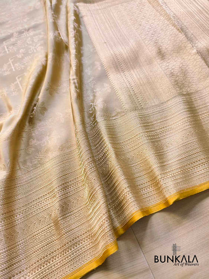 Beige Jamewar Ektara Floral Jaal Handwoven Banarasi Pure Mashru Tissue Silk Saree