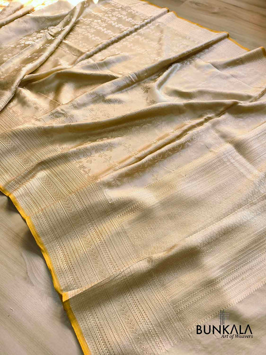 Beige Jamewar Ektara Floral Jaal Handwoven Banarasi Pure Mashru Tissue Silk Saree