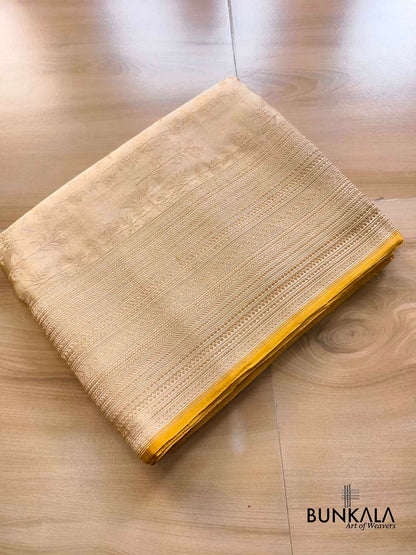 Beige Jamewar Ektara Floral Jaal Handwoven Banarasi Pure Mashru Tissue Silk Saree