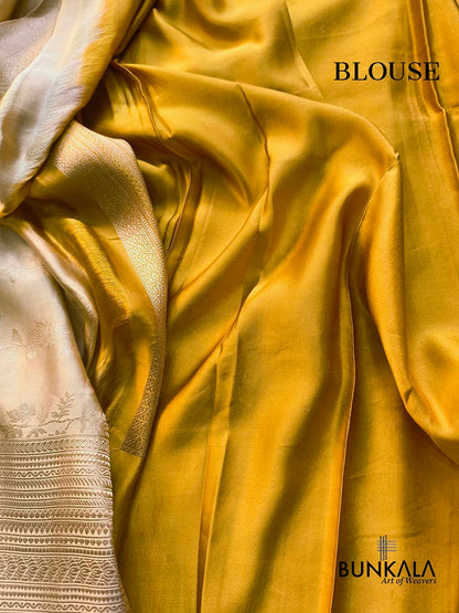 Beige Jamewar Ektara Floral Jaal Handwoven Banarasi Pure Mashru Tissue Silk Saree