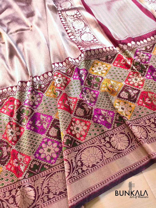 Maroon Big Patola Meenakari Border Kadwa Hand Weaved Plain Banarasi Pure Tissue Silk Saree