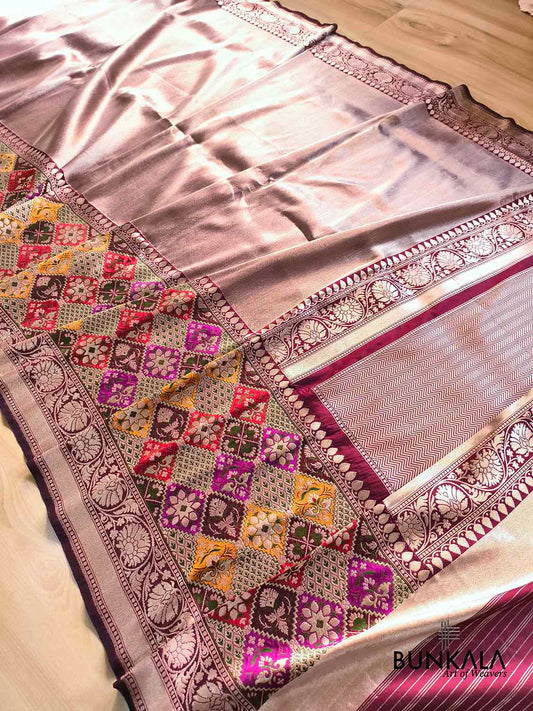 Maroon Big Patola Meenakari Border Kadwa Hand Weaved Plain Banarasi Pure Tissue Silk Saree
