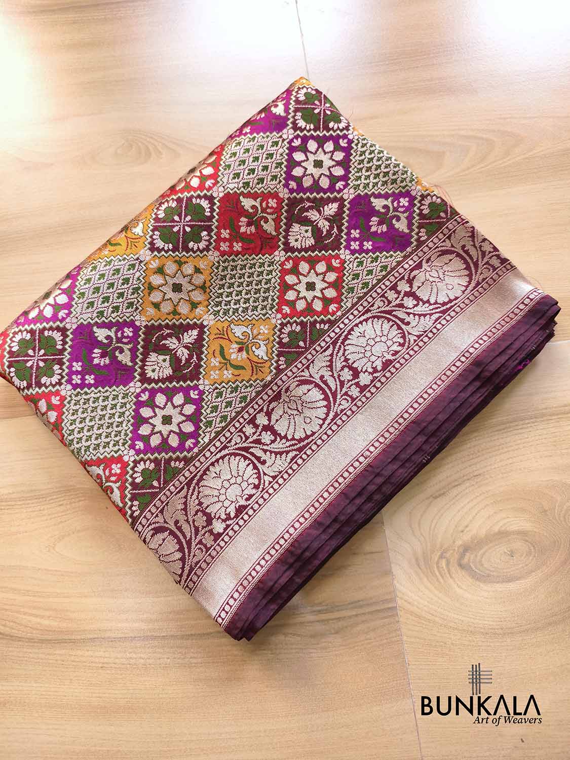 Maroon Big Patola Meenakari Border Kadwa Hand Weaved Plain Banarasi Pure Tissue Silk Saree