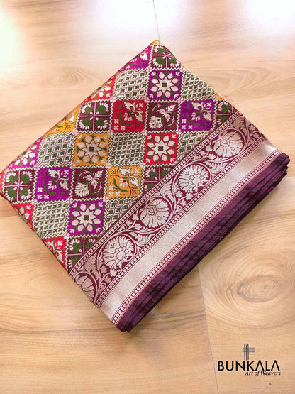 Maroon Big Patola Meenakari Border Kadwa Hand Weaved Plain Banarasi Pure Tissue Silk Saree