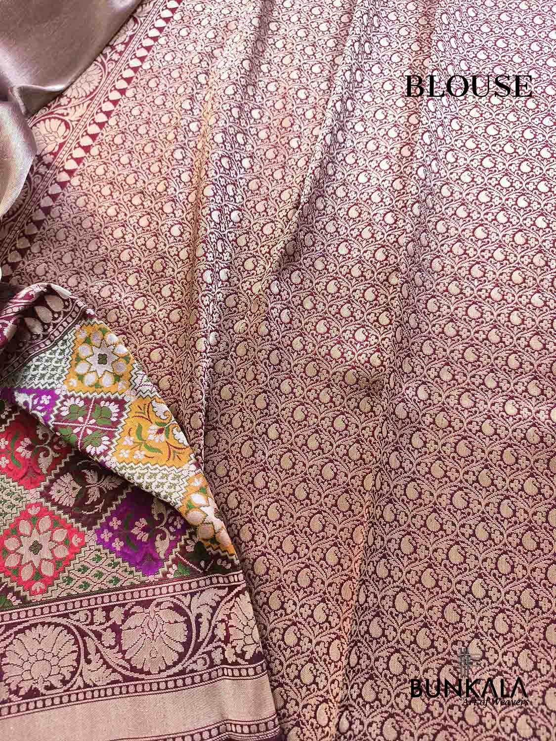 Maroon Big Patola Meenakari Border Kadwa Hand Weaved Plain Banarasi Pure Tissue Silk Saree