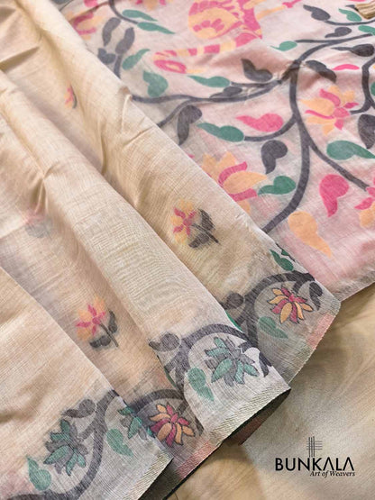 Ivory Beige Jamdani Big Peacock Motif Weaved Banarasi Cotton Saree