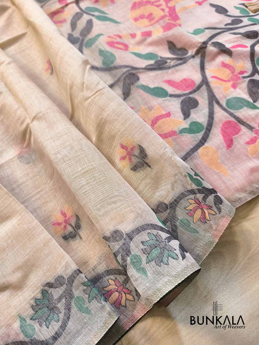 Ivory Beige Jamdani Big Peacock Motif Weaved Banarasi Cotton Saree