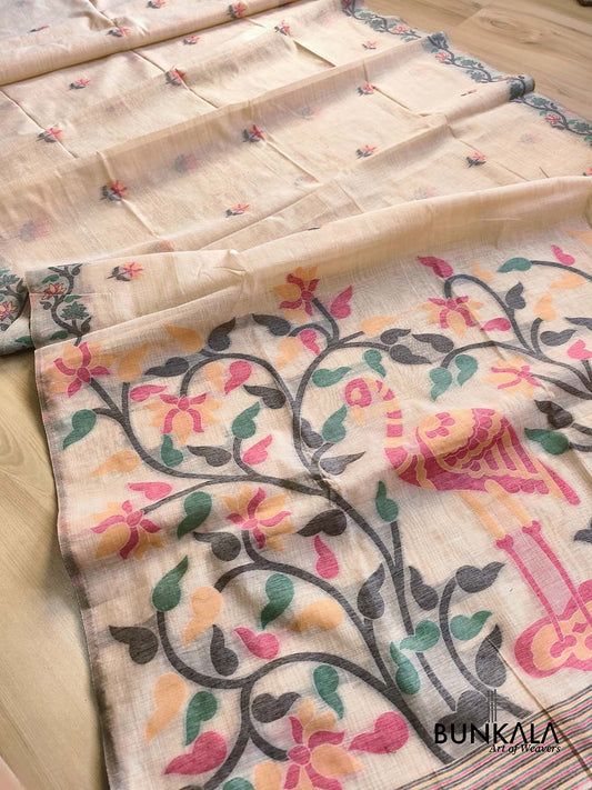 Ivory Beige Jamdani Big Peacock Motif Weaved Banarasi Cotton Saree