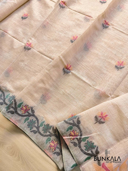 Ivory Beige Jamdani Big Peacock Motif Weaved Banarasi Cotton Saree