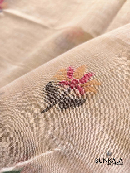 Ivory Beige Jamdani Big Peacock Motif Weaved Banarasi Cotton Saree