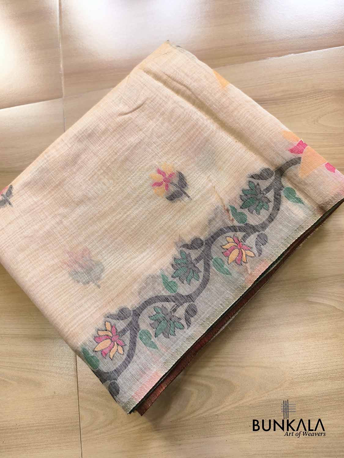 Ivory Beige Jamdani Big Peacock Motif Weaved Banarasi Cotton Saree