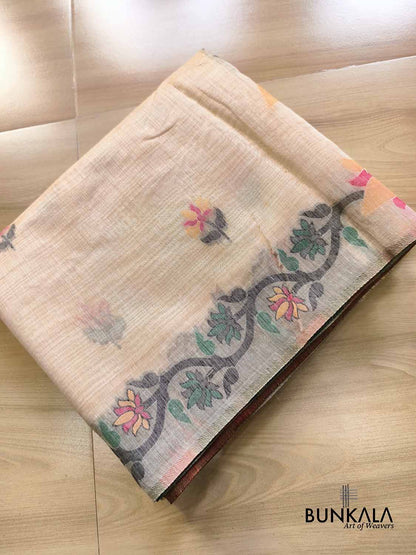 Ivory Beige Jamdani Big Peacock Motif Weaved Banarasi Cotton Saree