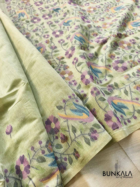 Pista Green Birds & Floral Motif Meenakari Weaved Banarasi Cotton Saree