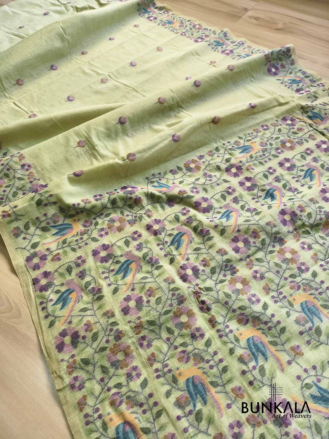Pista Green Birds & Floral Motif Meenakari Weaved Banarasi Cotton Saree