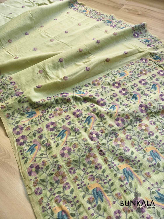 Pista Green Birds & Floral Motif Meenakari Weaved Banarasi Cotton Saree